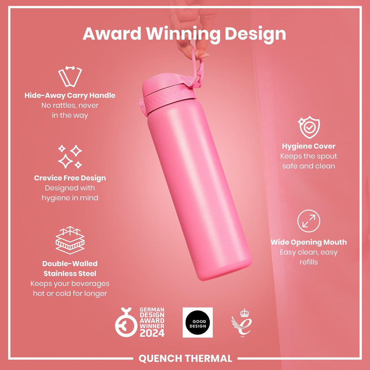 ION8 Leak Proof 1 Litre Thermal Water Bottle, Insulated Steel, Rose Bloom, 1L