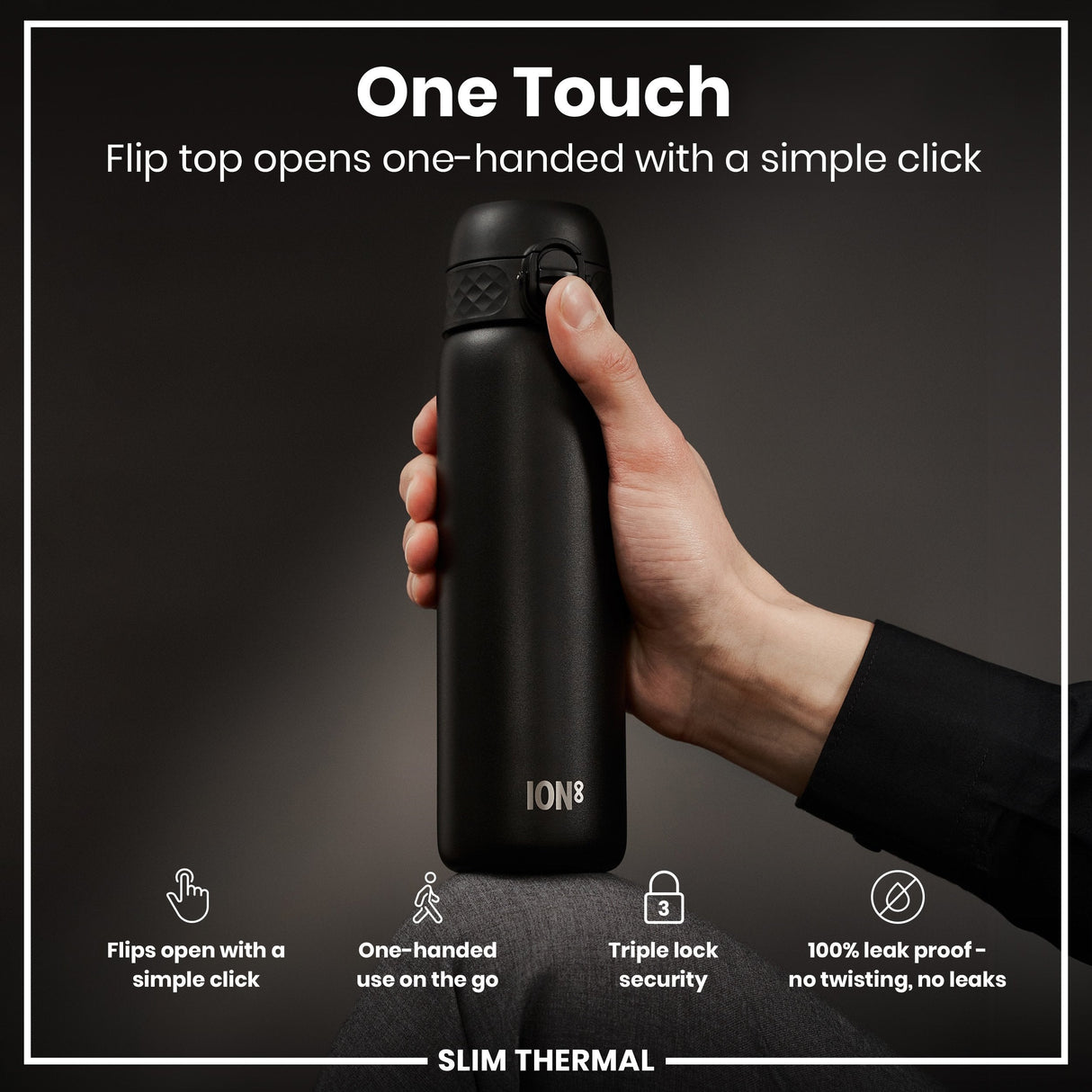 ION8 Leak Proof Slim Thermal Water Bottle, Insulated Steel, Black, 500ml