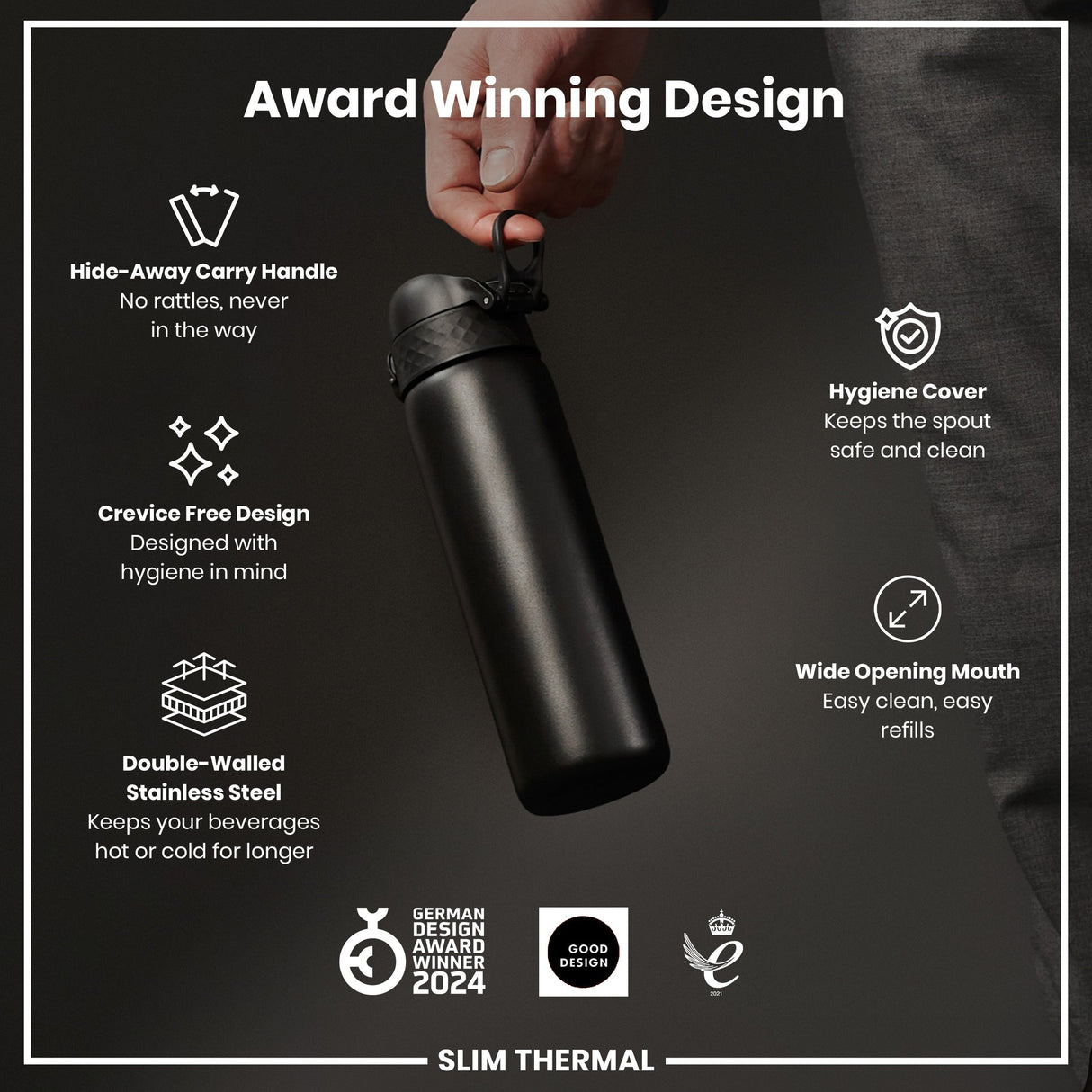 ION8 Leak Proof Slim Thermal Water Bottle, Insulated Steel, Black, 500ml