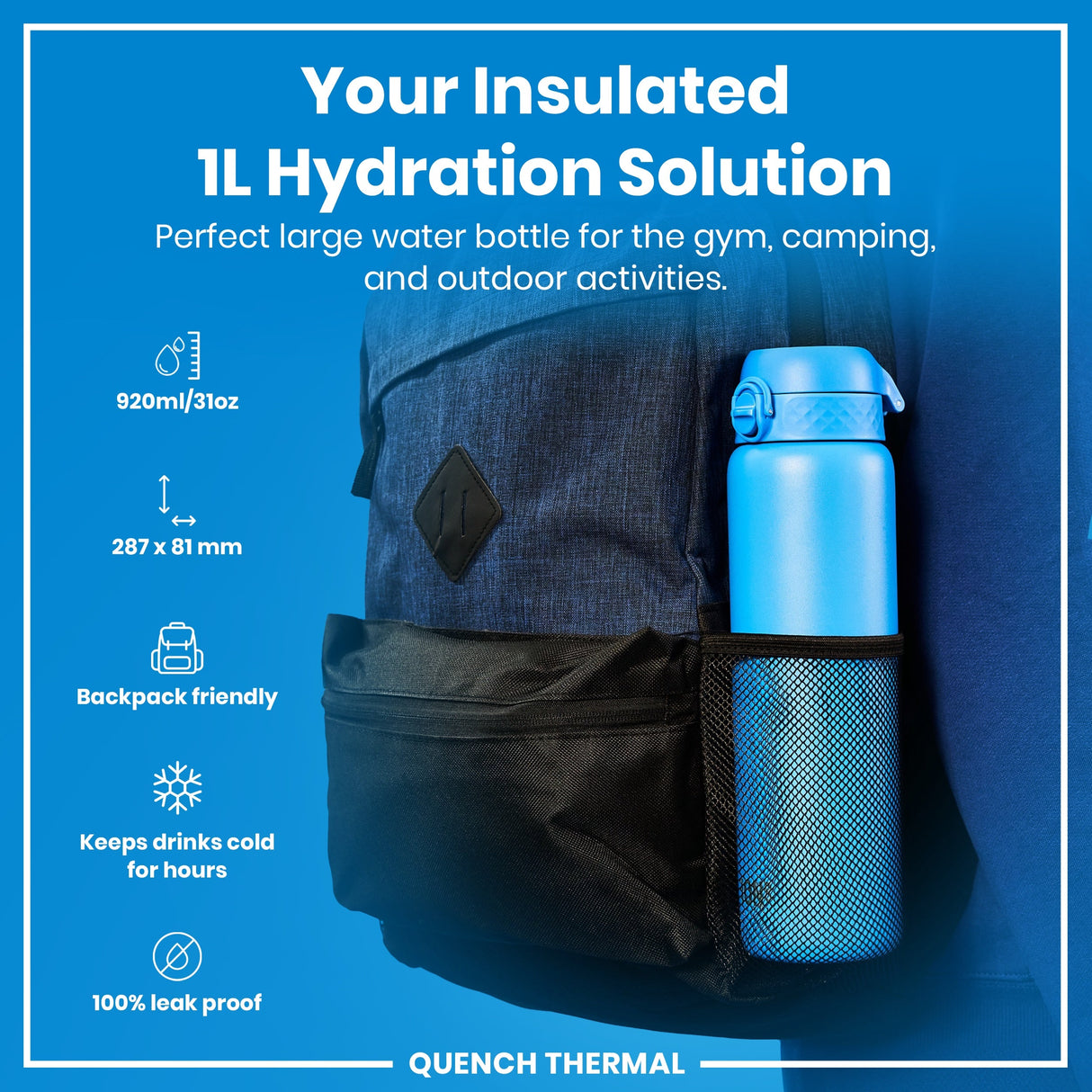 ION8 Leak Proof 1 Litre Thermal Water Bottle, Insulated Steel, Blue, 1L