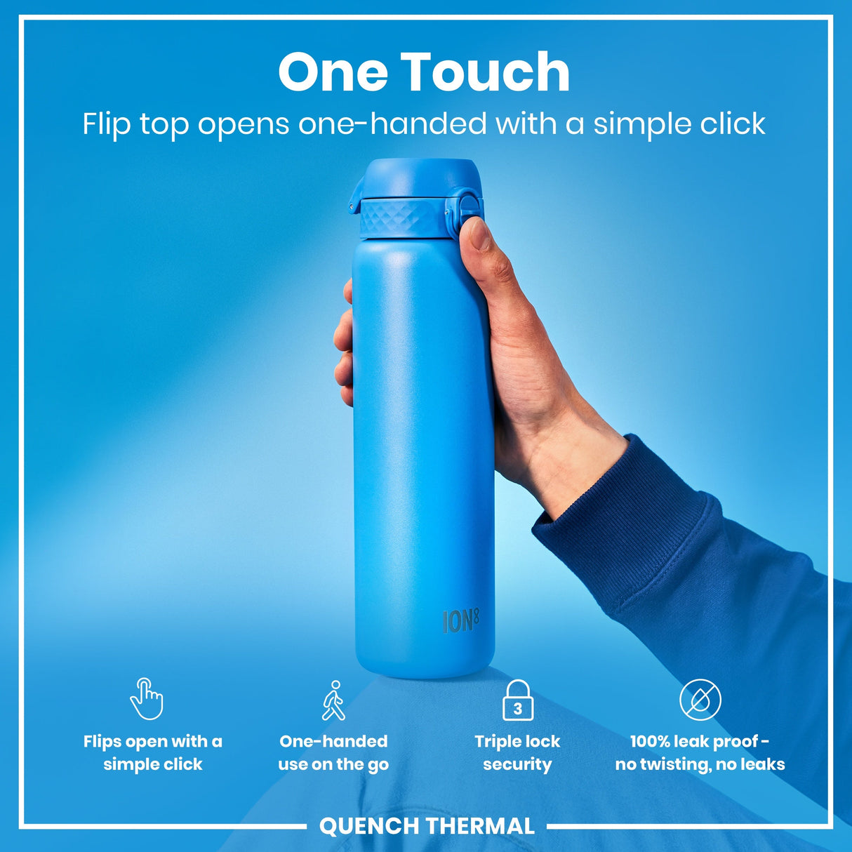 ION8 Leak Proof 1 Litre Thermal Water Bottle, Insulated Steel, Blue, 1L