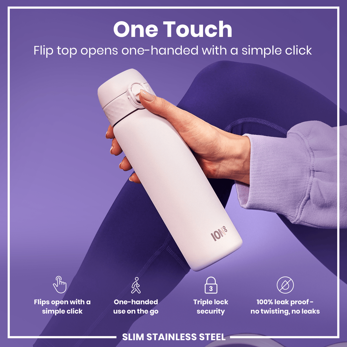 ION8 Steel Slim Leak Proof Water Bottle, Lilac Dusk, 600ml