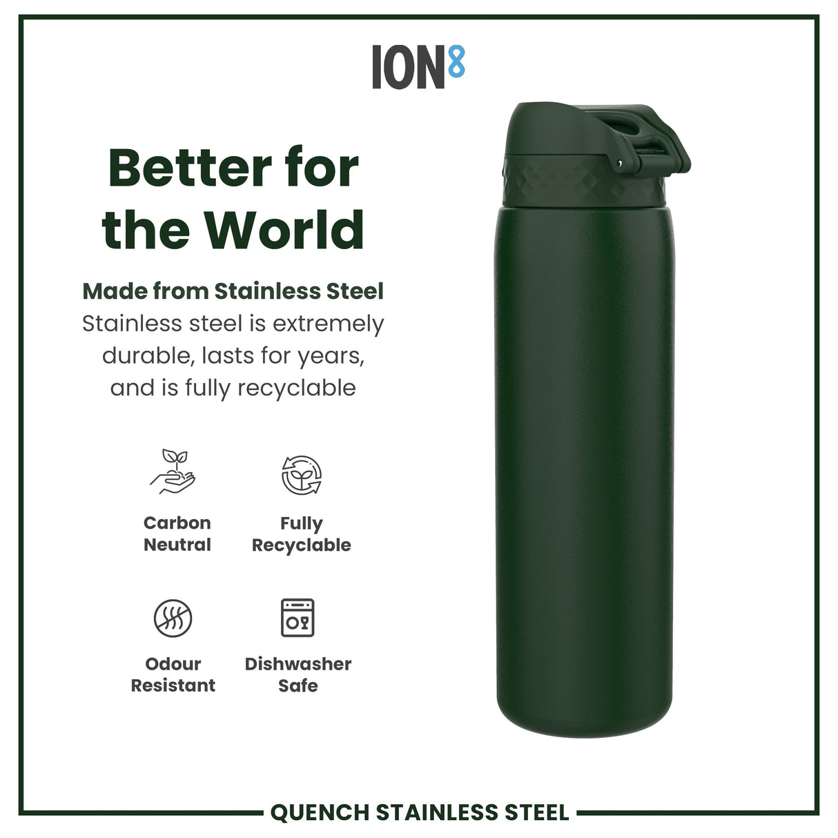 ION8 Leak Proof 1 Litre Water Bottle, Stainless Steel, Dark Green, 1L