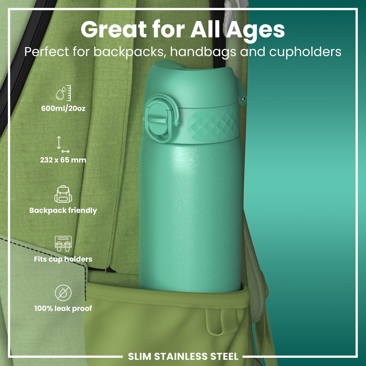 ION8 Steel Slim Leak Proof Water Bottle, Teal, 600ml
