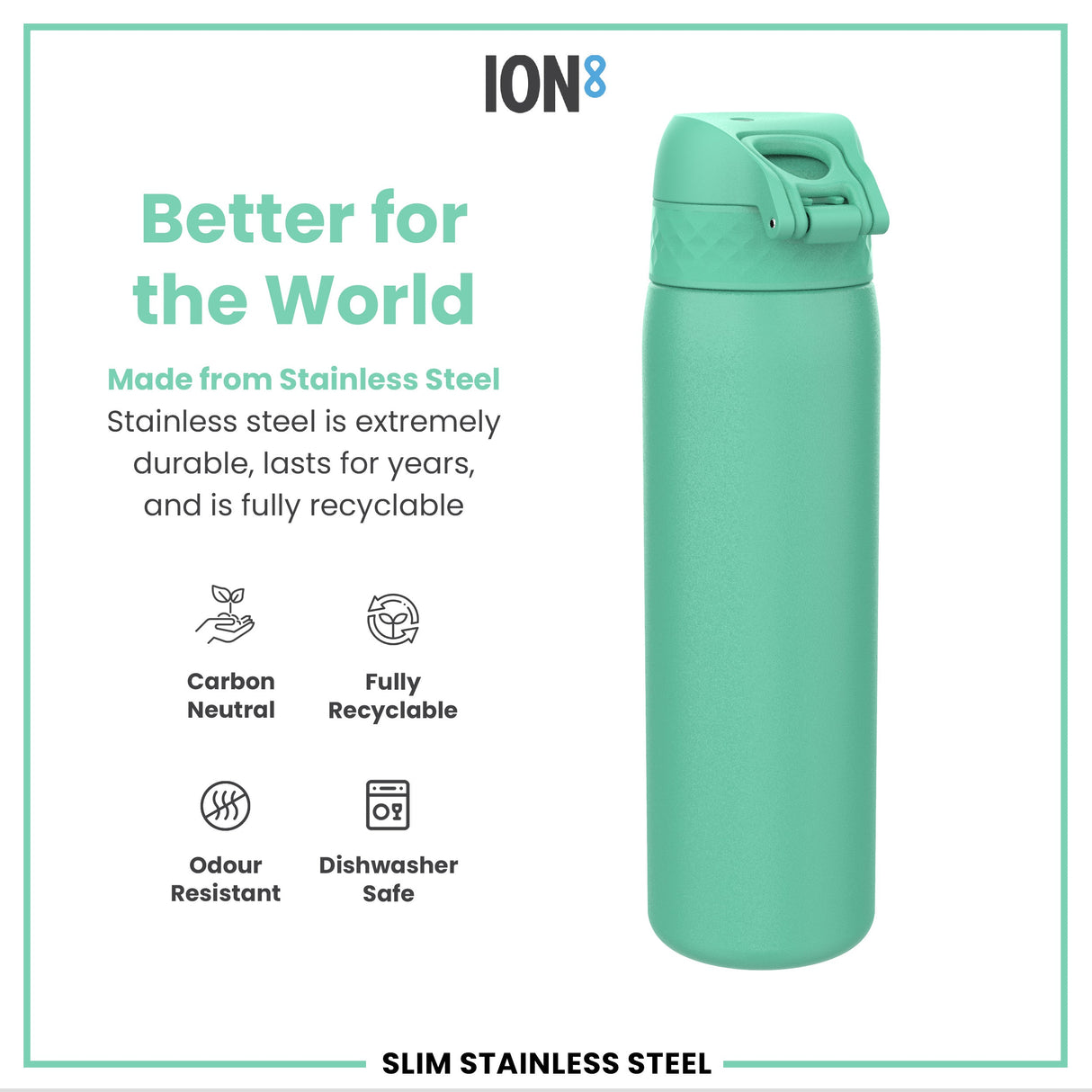 ION8 Steel Slim Leak Proof Water Bottle, Teal, 600ml