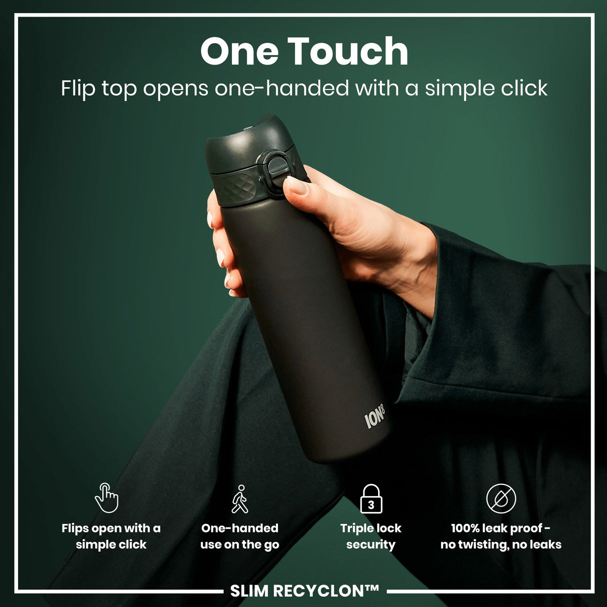 ION8 Recyclon Slim Leak Proof Water Bottle, Dark Green, 500ml