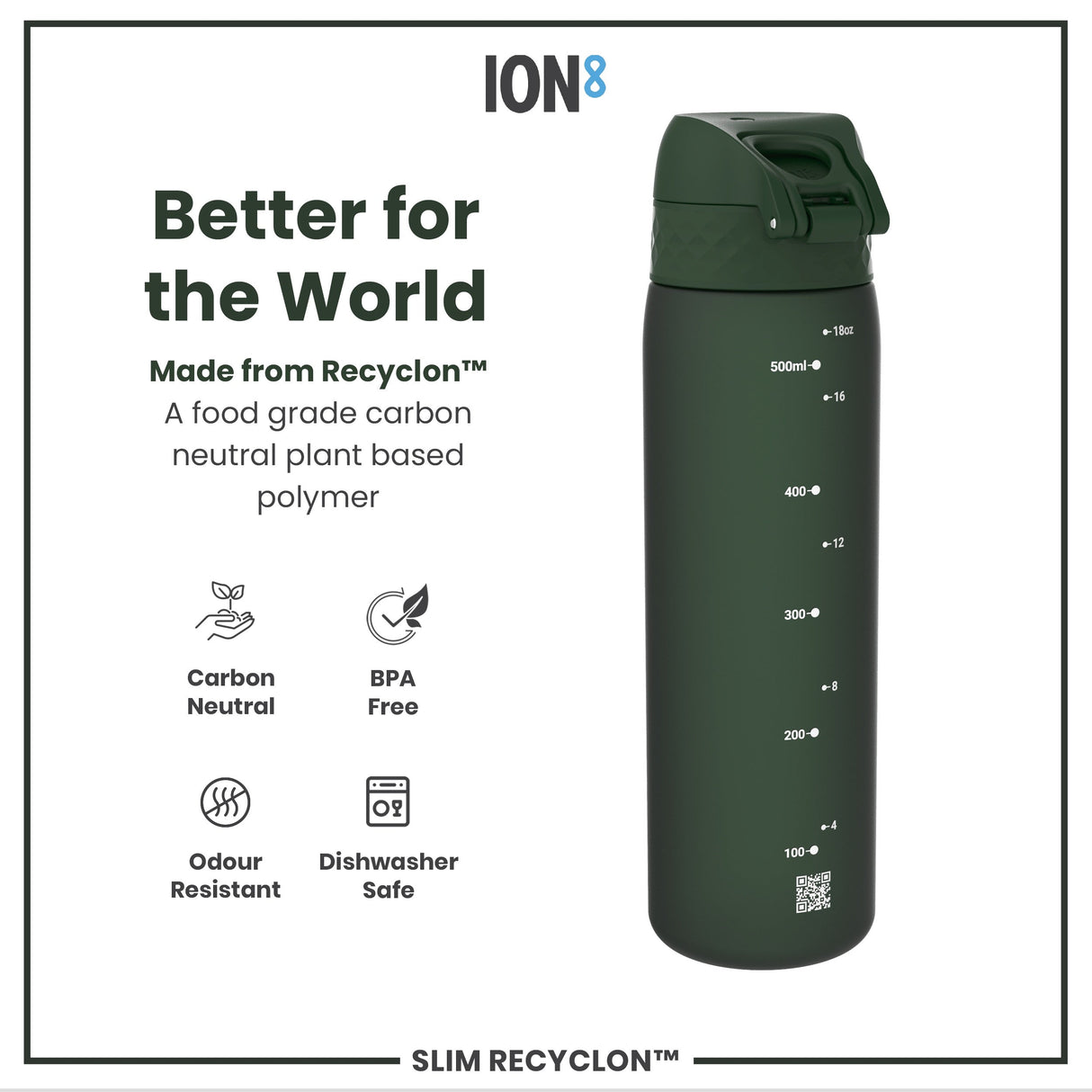 ION8 Recyclon Slim Leak Proof Water Bottle, Dark Green, 500ml