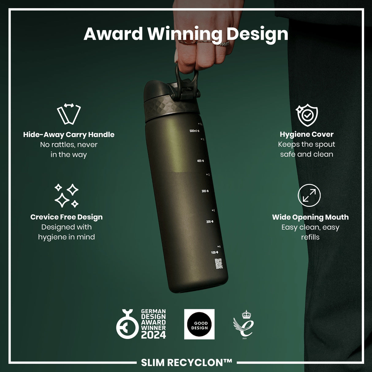 ION8 Recyclon Slim Leak Proof Water Bottle, Dark Green, 500ml