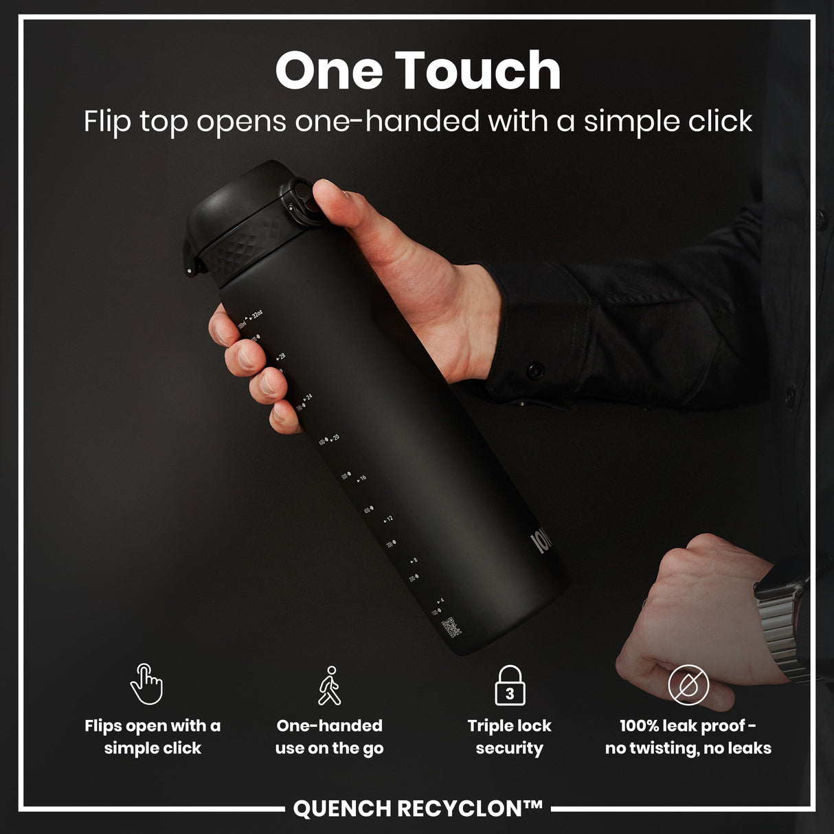 ION8 Recyclon Leak Proof Water Bottle, Black, 1L