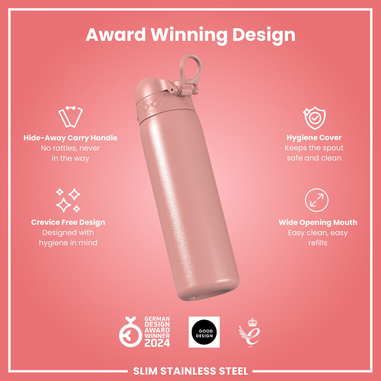ION8 Steel Slim Leak Proof Water Bottle, Ash Rose, 600ml