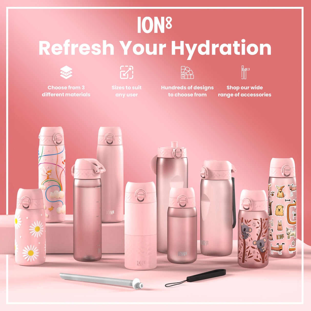 ION8 Steel Slim Leak Proof Water Bottle, Ash Rose, 600ml