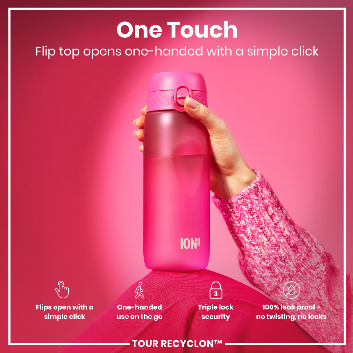 ION8 Recyclon Leak Proof Water Bottle, Pink, 750ml