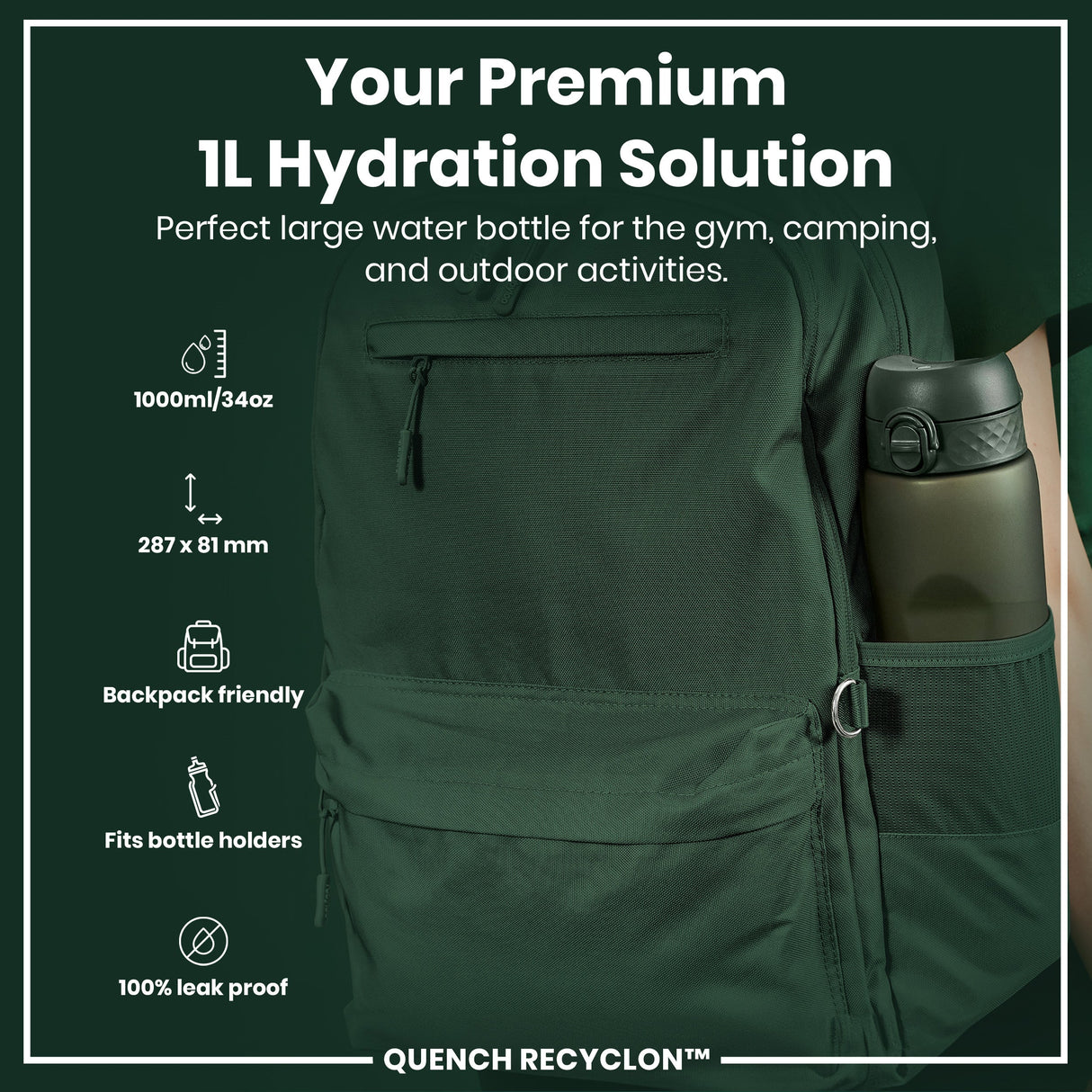 ION8 Recyclon Leak Proof Water Bottle, Dark Green, 1L
