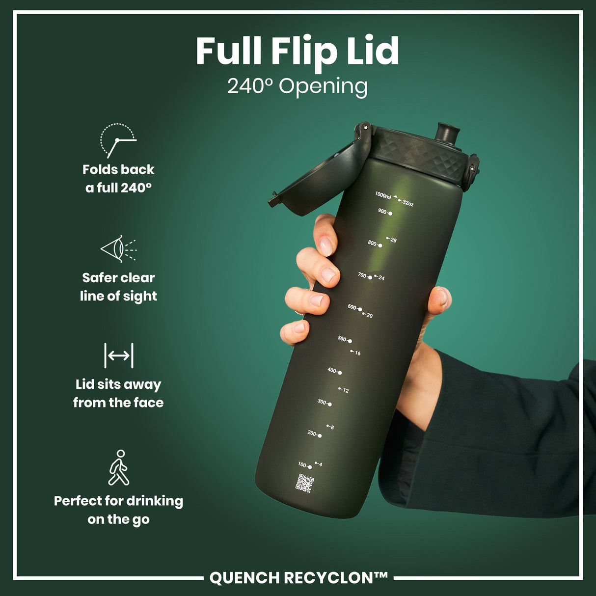 ION8 Recyclon Leak Proof Water Bottle, Dark Green, 1L