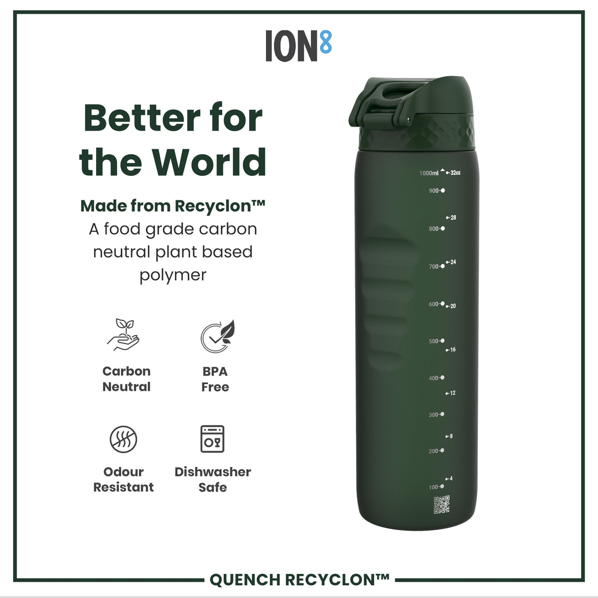 ION8 Recyclon Leak Proof Water Bottle, Dark Green, 1L