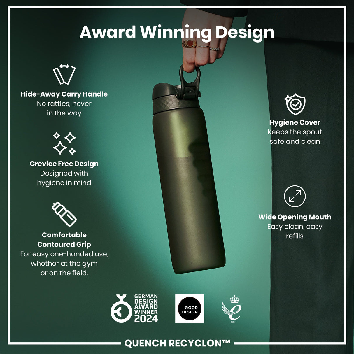ION8 Recyclon Leak Proof Water Bottle, Dark Green, 1L
