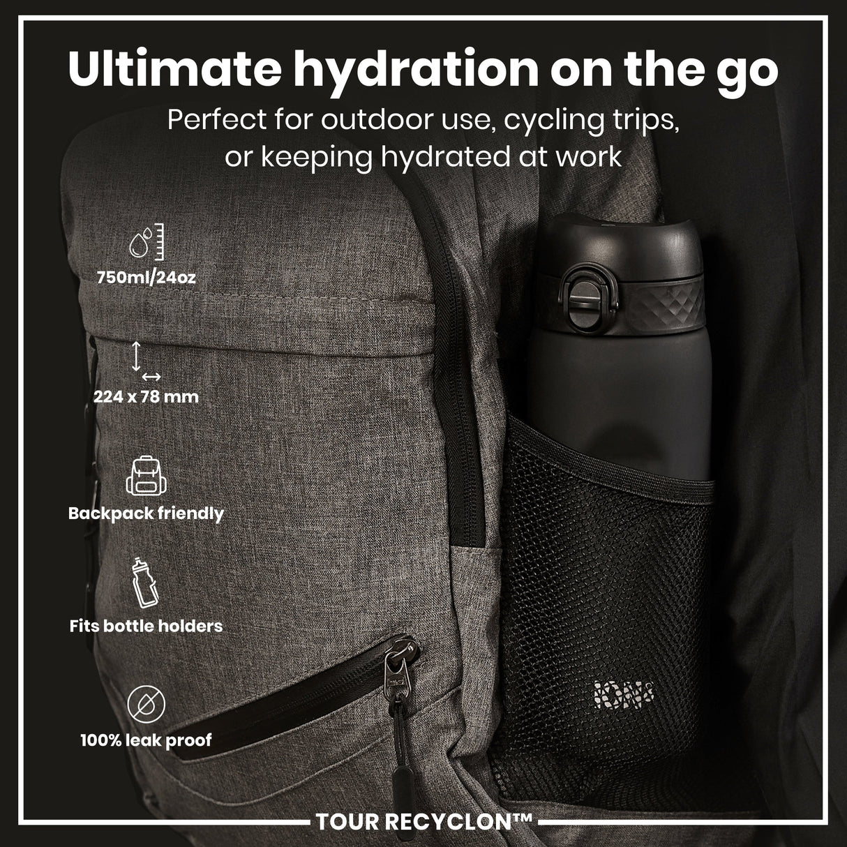 ION8 Recyclon Leak Proof Water Bottle, Black, 750ml