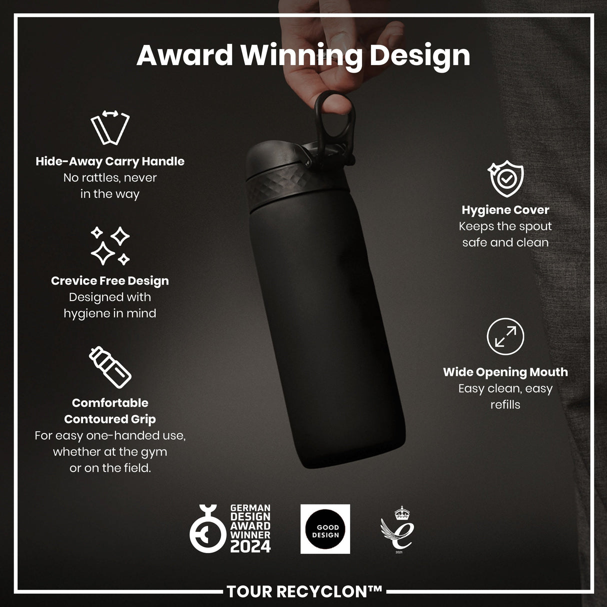 ION8 Recyclon Leak Proof Water Bottle, Black, 750ml