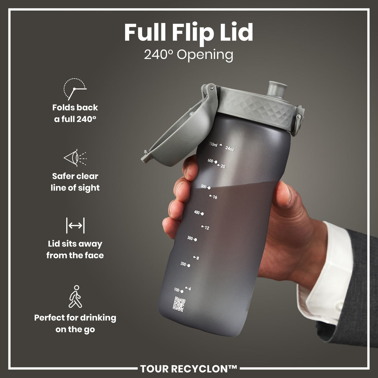 ION8 Recyclon Leak Proof Water Bottle, Grey, 750ml