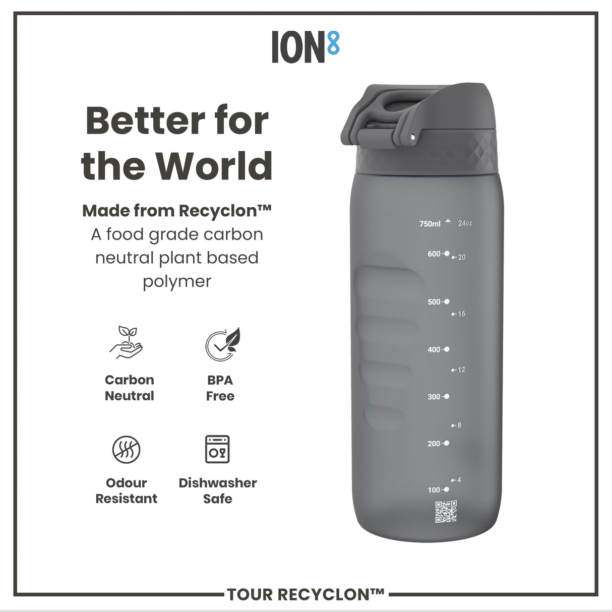 ION8 Recyclon Leak Proof Water Bottle, Grey, 750ml