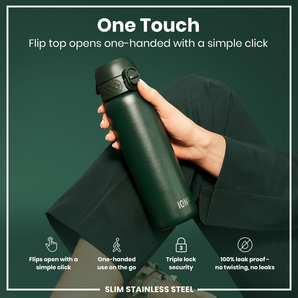 ION8 Leak Proof Slim Water Bottle, Stainless Steel, Dark Green, 600ml