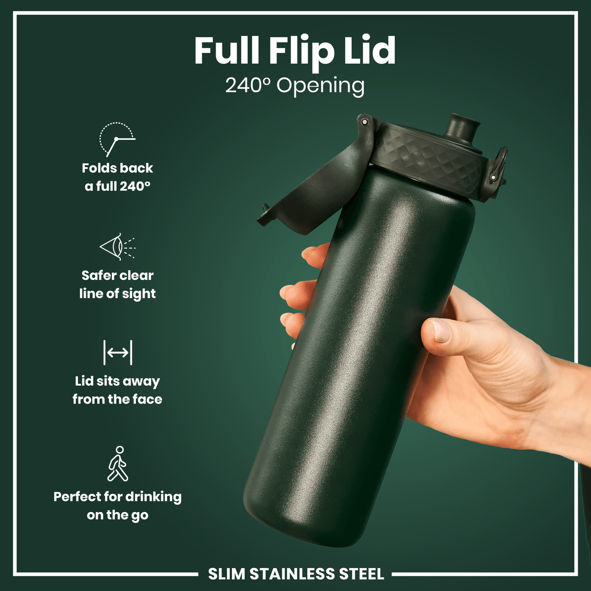ION8 Leak Proof Slim Water Bottle, Stainless Steel, Dark Green, 600ml