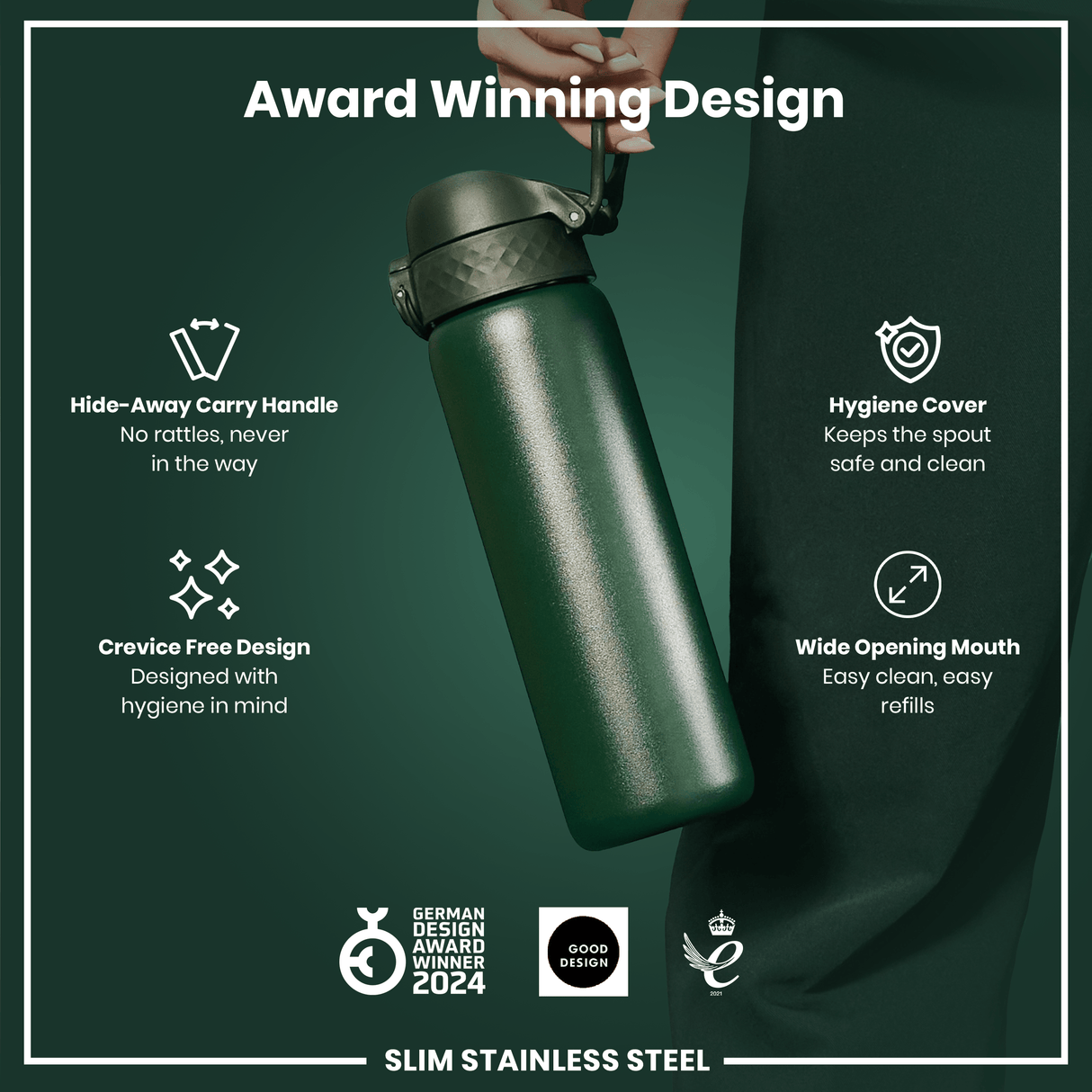 ION8 Leak Proof Slim Water Bottle, Stainless Steel, Dark Green, 600ml