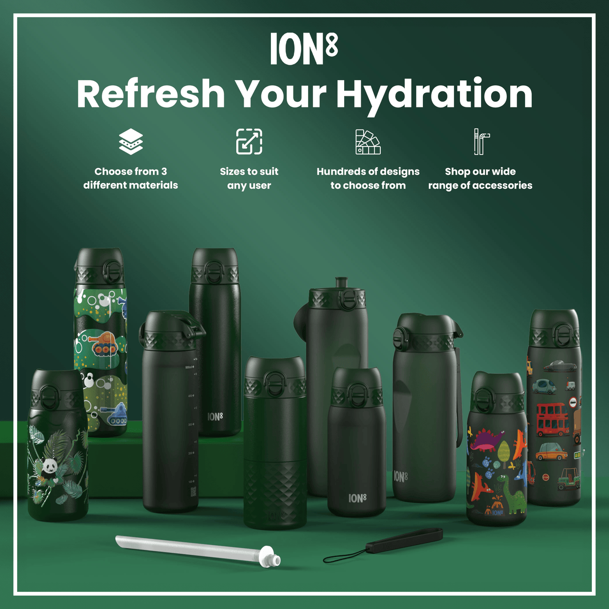 ION8 Leak Proof Slim Water Bottle, Stainless Steel, Dark Green, 600ml