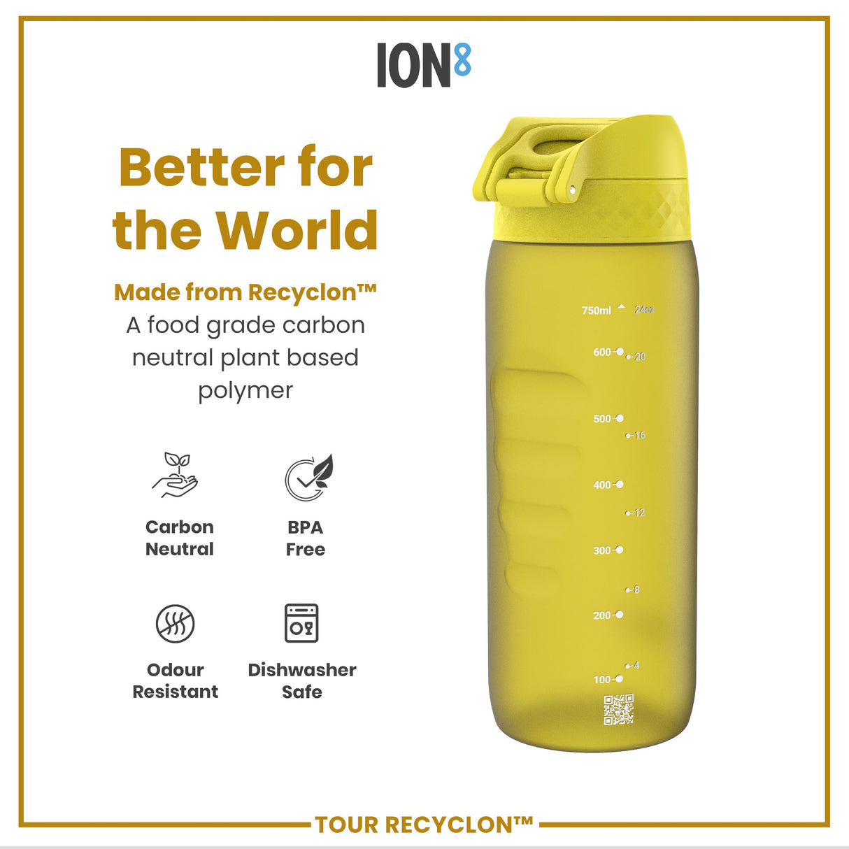 ION8 Recyclon Leak Proof Water Bottle, Yellow, 750ml