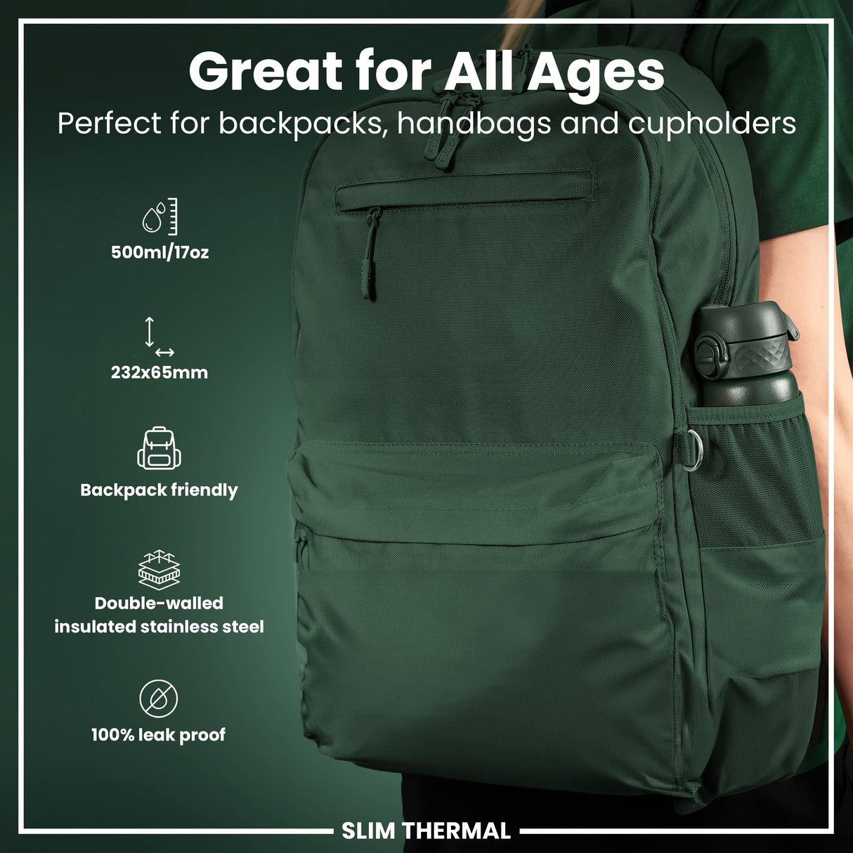 ION8 Leak Proof Slim Thermal Water Bottle, Insulated Steel, Dark Green, 500ml