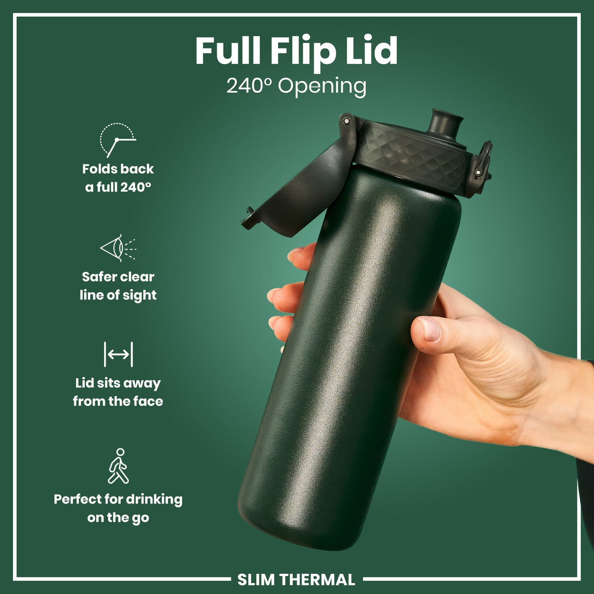 ION8 Leak Proof Slim Thermal Water Bottle, Insulated Steel, Dark Green, 500ml