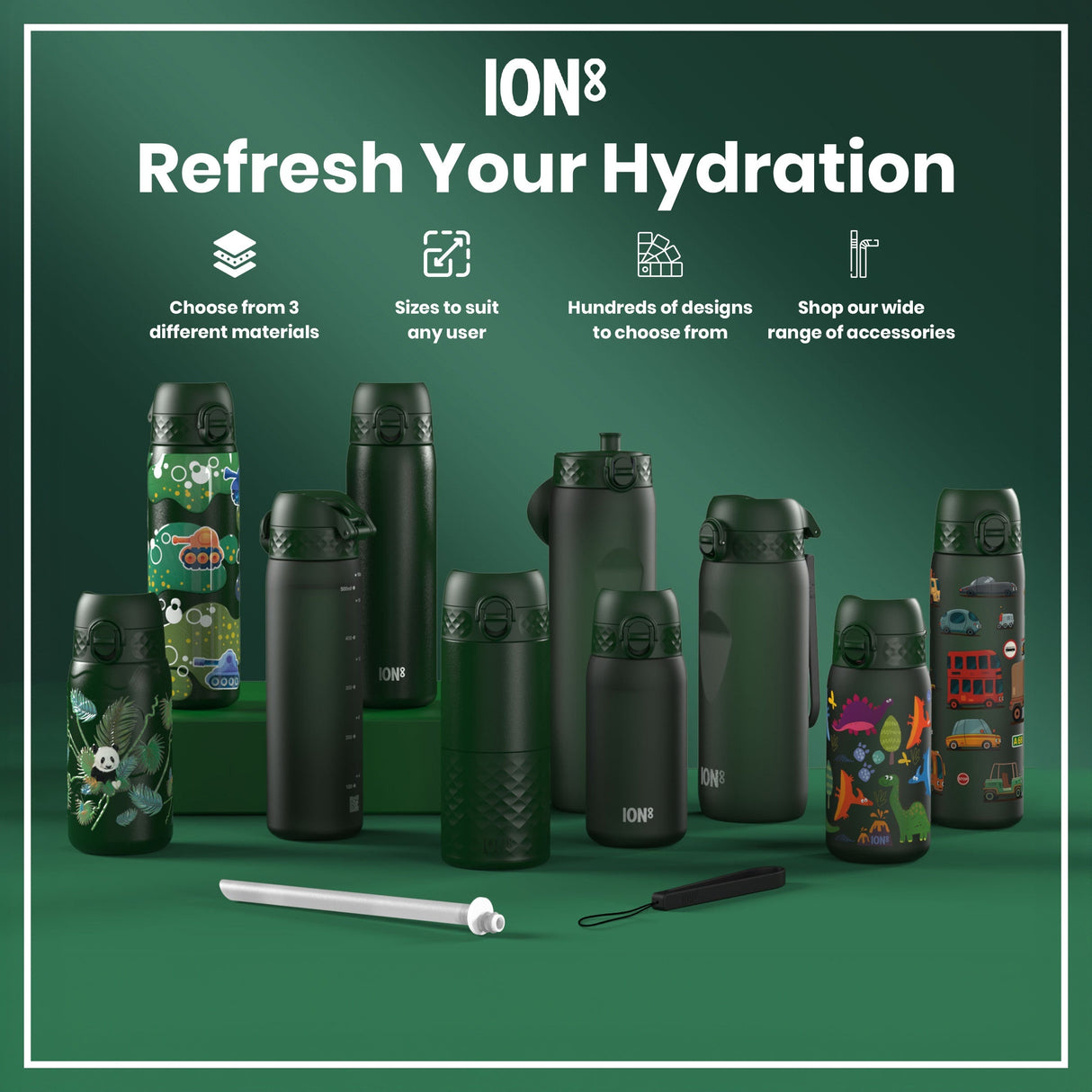 ION8 Leak Proof Slim Thermal Water Bottle, Insulated Steel, Dark Green, 500ml