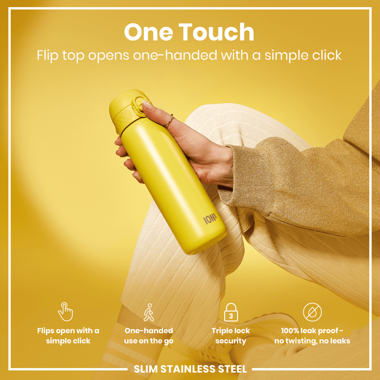 ION8 Steel Slim Leak Proof Water Bottle, Yellow, 600ml