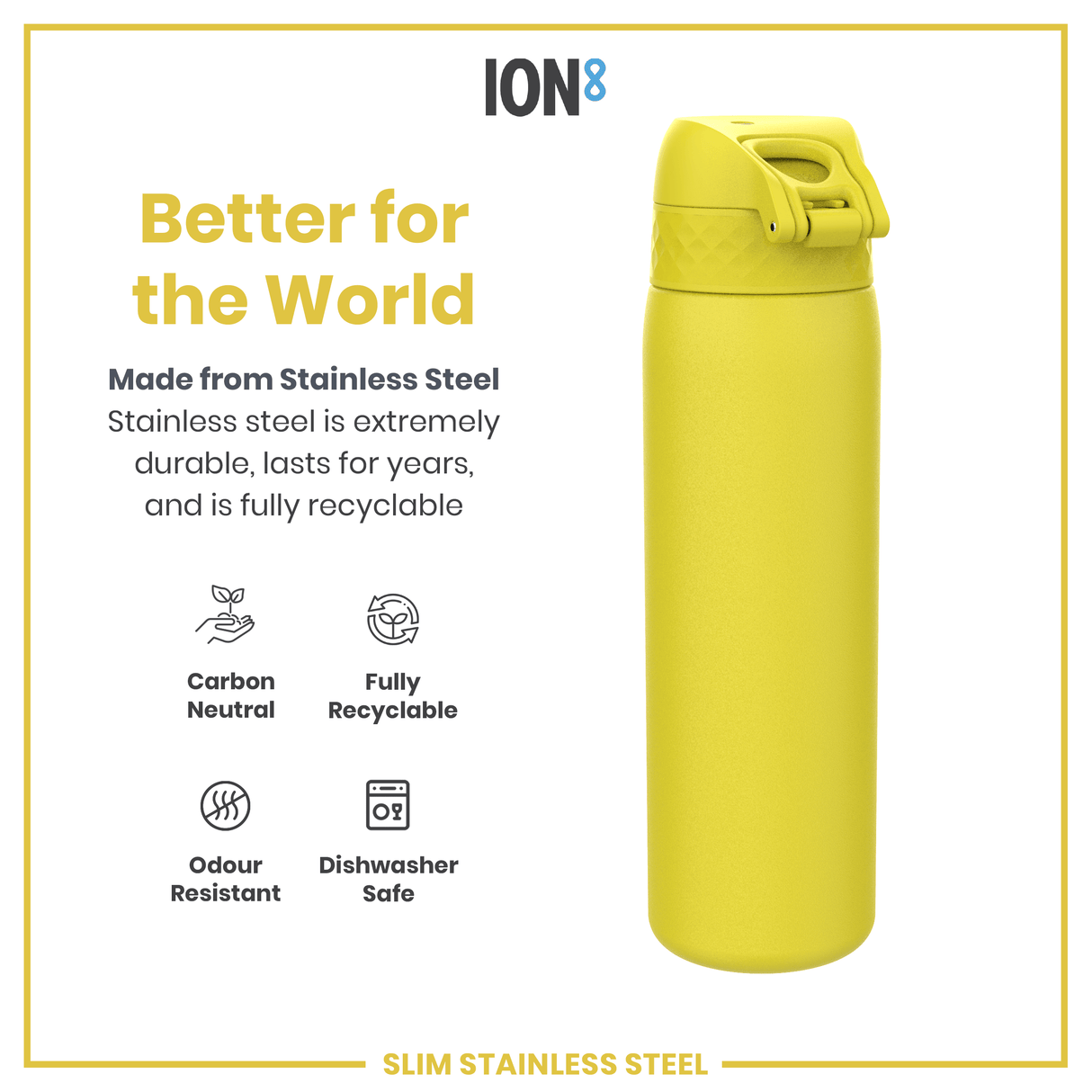 ION8 Steel Slim Leak Proof Water Bottle, Yellow, 600ml
