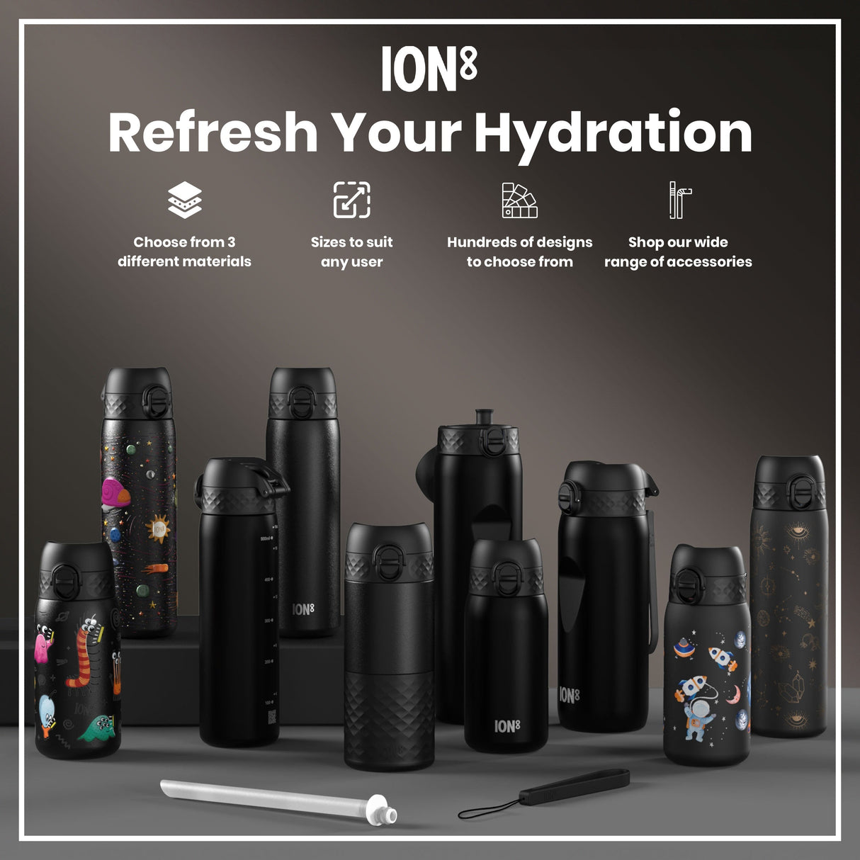 ION8 Recyclon Slim Leak Proof Water Bottle with Straw, Black, 500ml