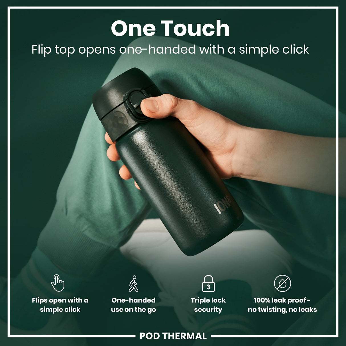 ION8 Leak Proof Thermal Water Bottle, Insulated Steel, Dark Green, 320ml