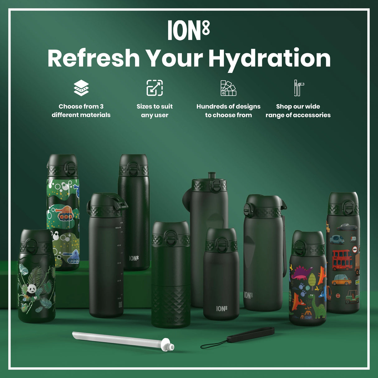 ION8 Leak Proof Thermal Water Bottle, Insulated Steel, Dark Green, 320ml