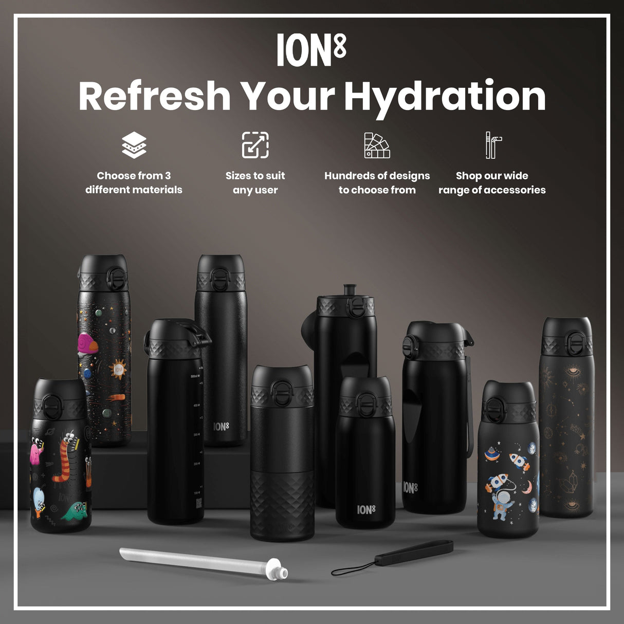 ION8 Recyclon Leak Proof Water Bottle with Straw, Black, 350ml