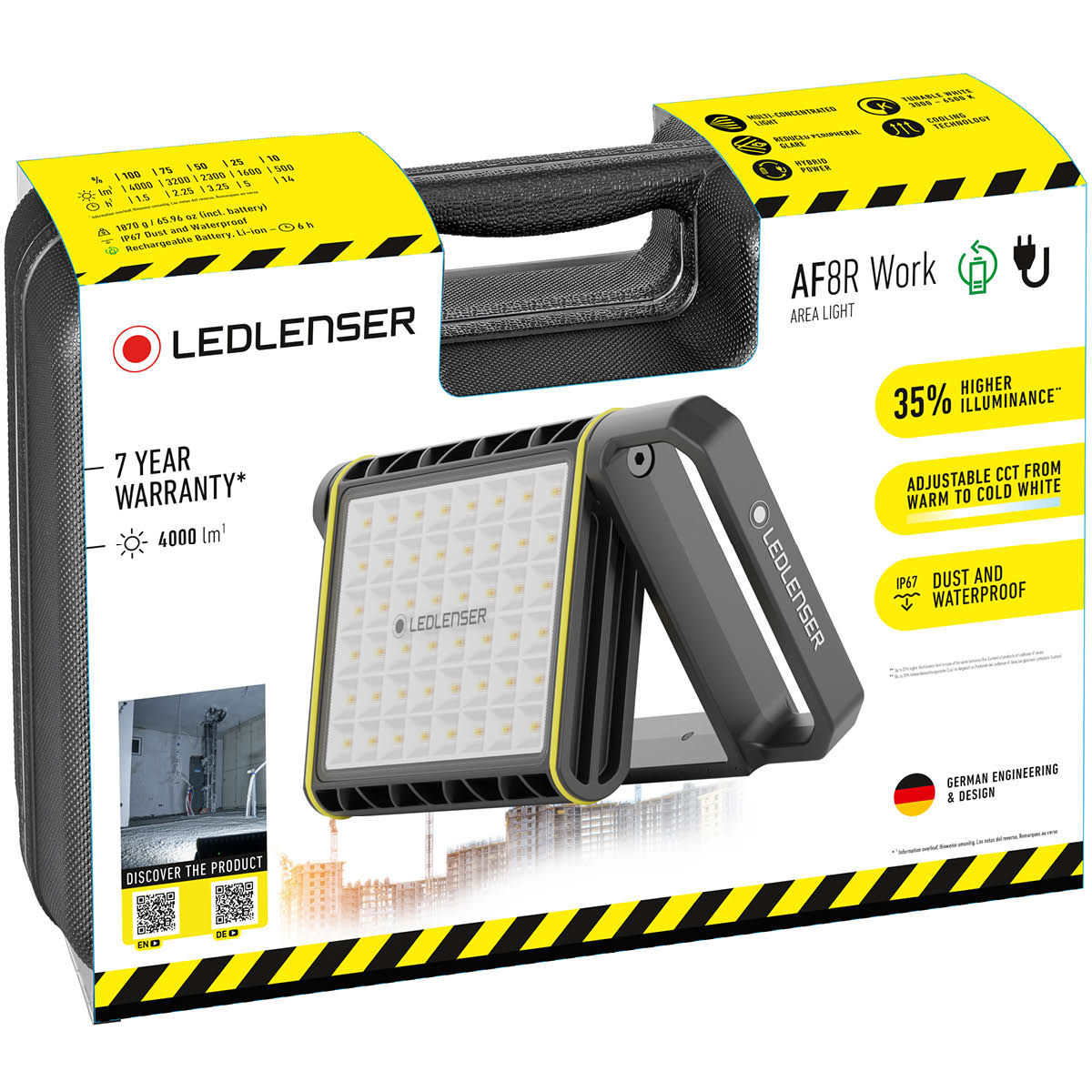 Ledlenser AF8R Work Area Light carry case packaging with output table, IP67 and adjustable warm to cold white