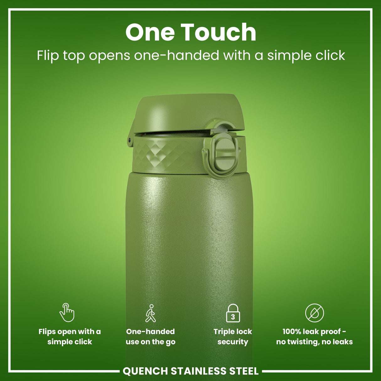 ION8 Leak Proof 1 Litre Water Bottle, Stainless Steel, Khaki Green, 1L