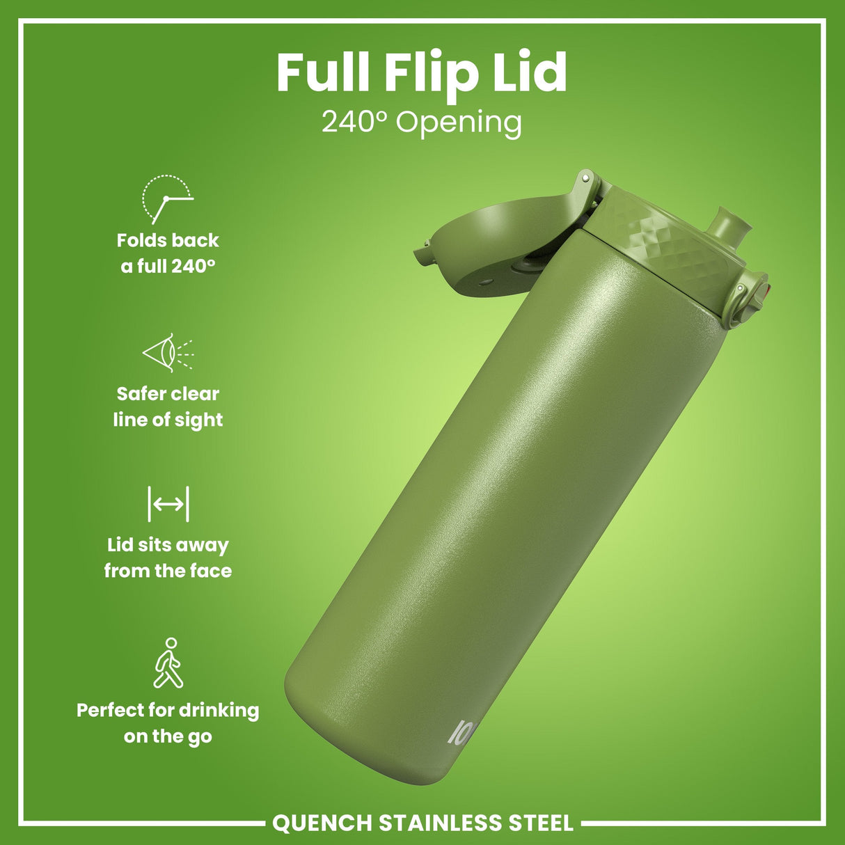 ION8 Leak Proof 1 Litre Water Bottle, Stainless Steel, Khaki Green, 1L
