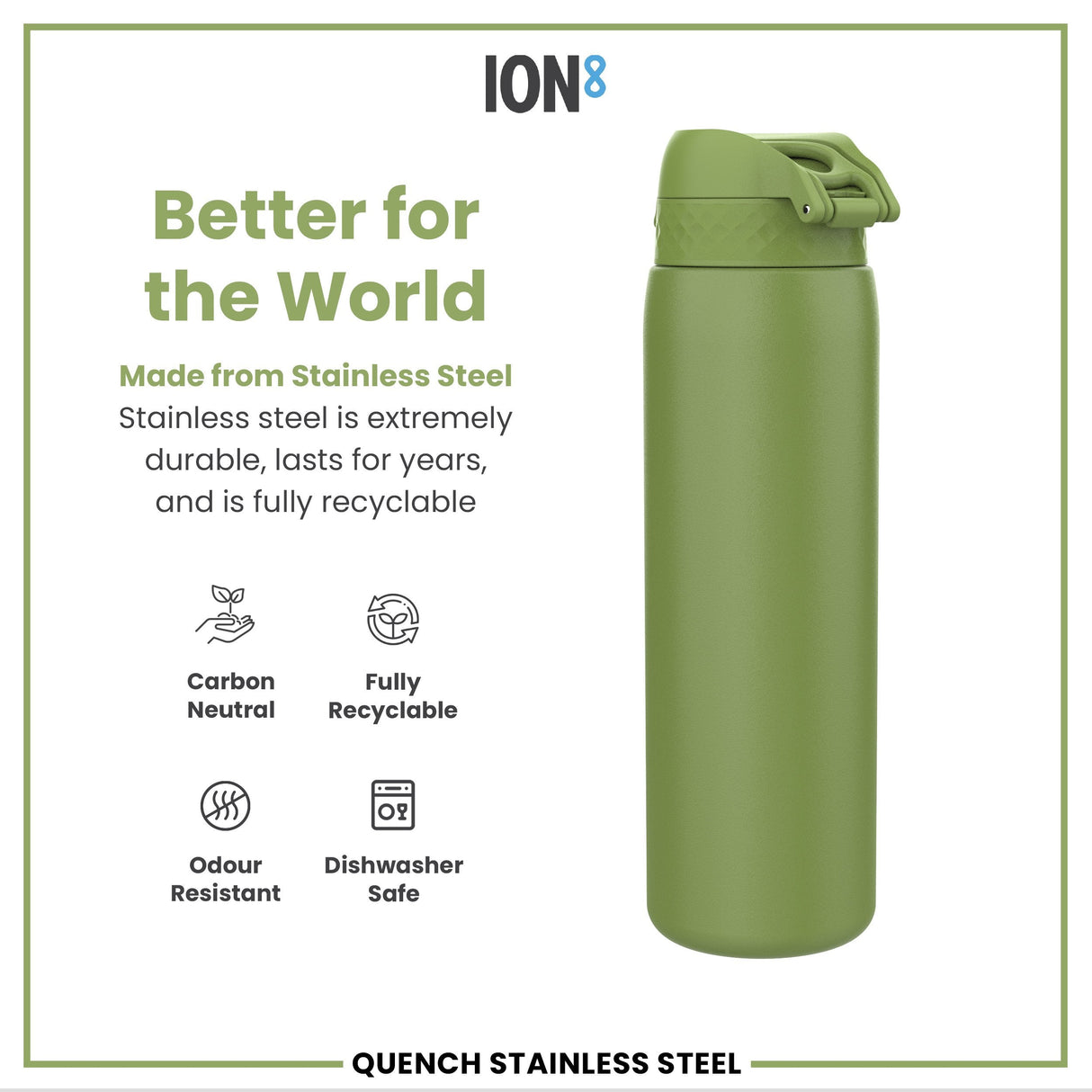 ION8 Leak Proof 1 Litre Water Bottle, Stainless Steel, Khaki Green, 1L