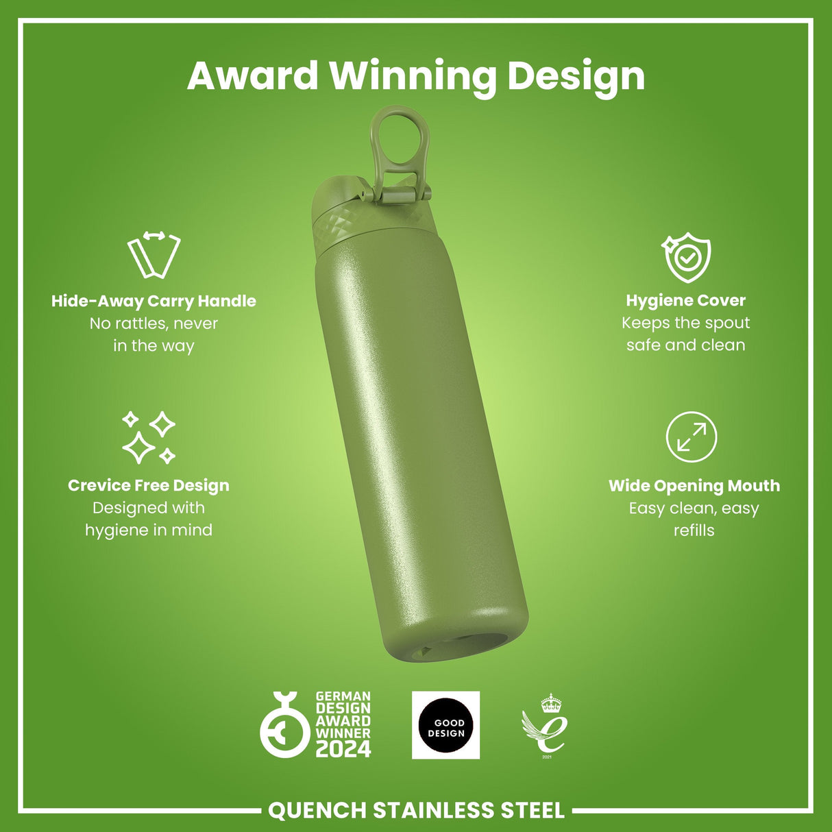 ION8 Leak Proof 1 Litre Water Bottle, Stainless Steel, Khaki Green, 1L