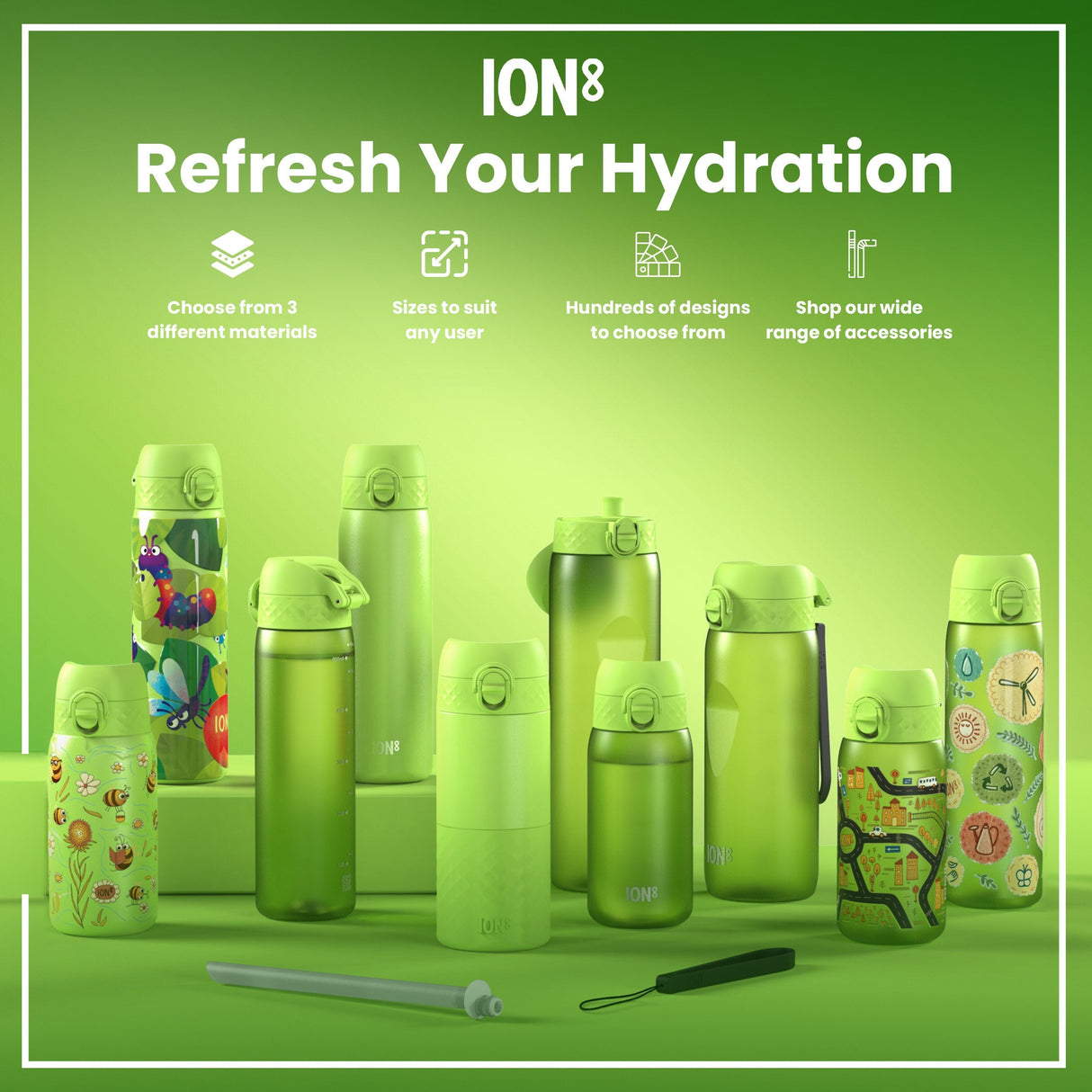 ION8 Leak Proof 1 Litre Water Bottle, Stainless Steel, Khaki Green, 1L