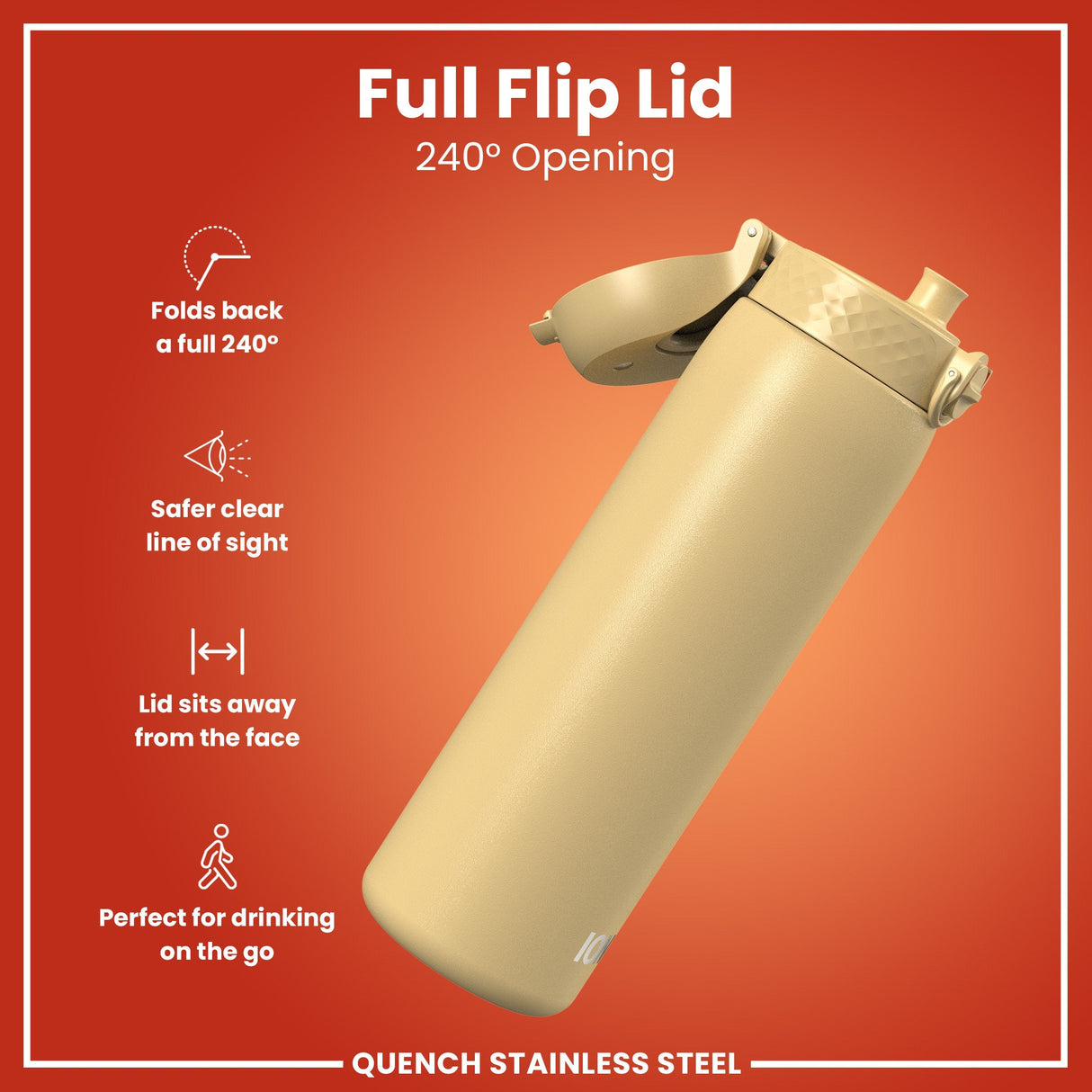 ION8 Leak Proof 1 Litre Water Bottle, Stainless Steel, Desert, 1L