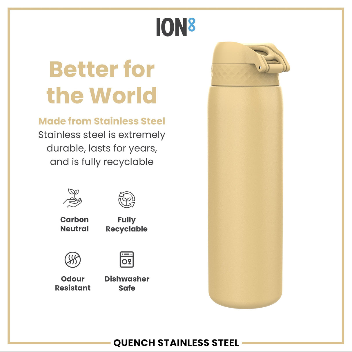 ION8 Leak Proof 1 Litre Water Bottle, Stainless Steel, Desert, 1L