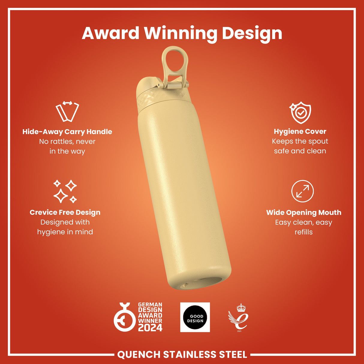 ION8 Leak Proof 1 Litre Water Bottle, Stainless Steel, Desert, 1L