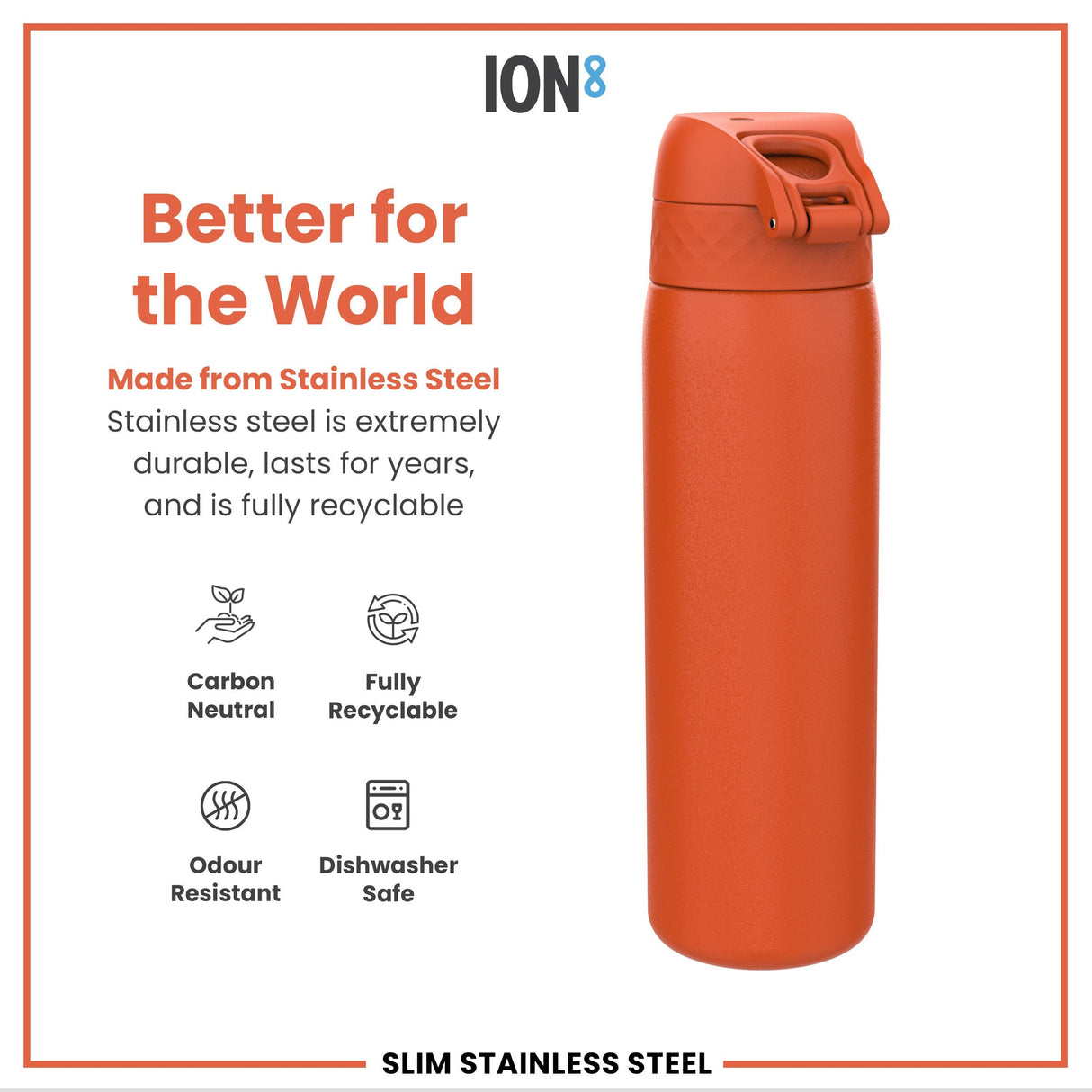 ION8 Steel Slim Leak Proof Water Bottle, Hearty Orange, 600ml
