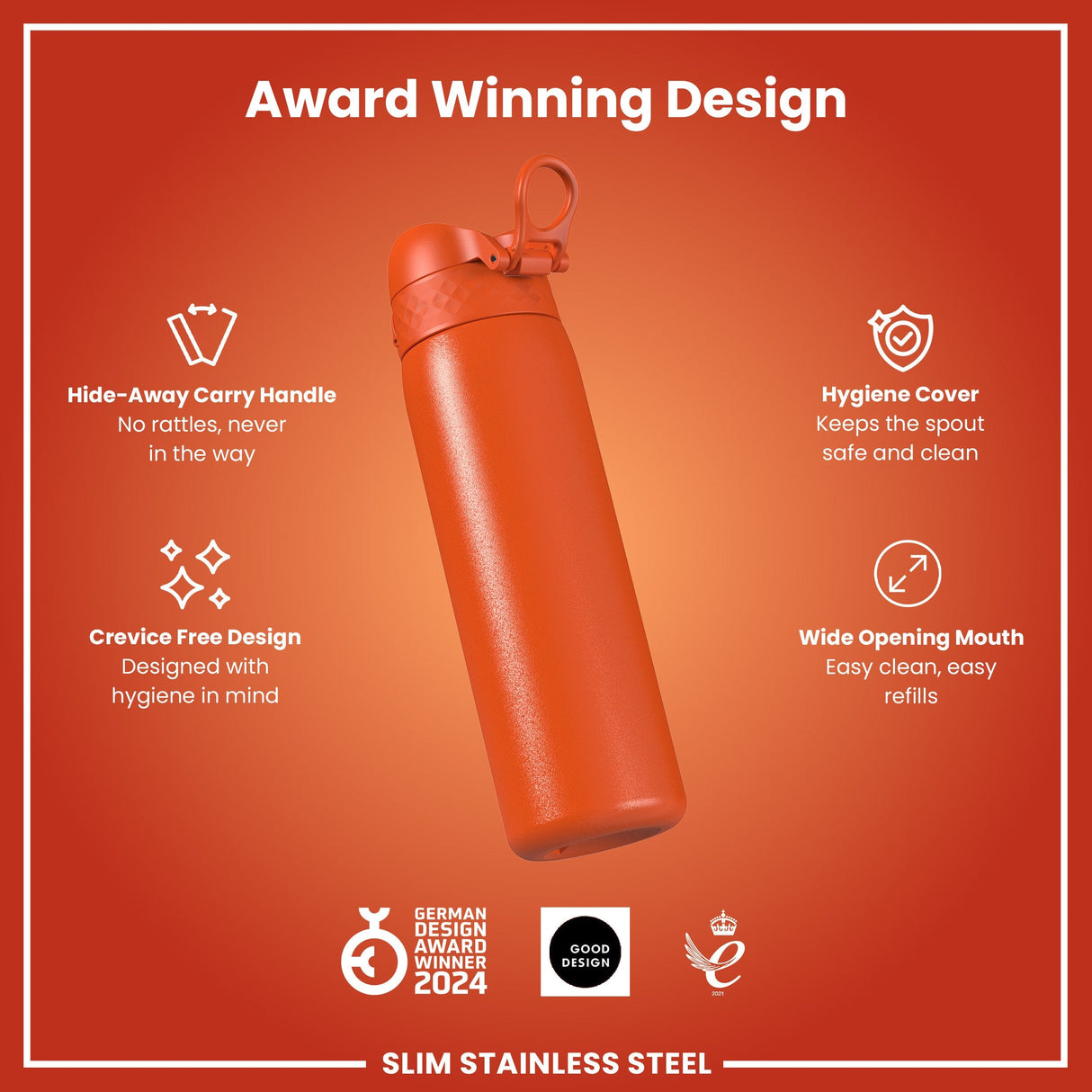 ION8 Steel Slim Leak Proof Water Bottle, Hearty Orange, 600ml