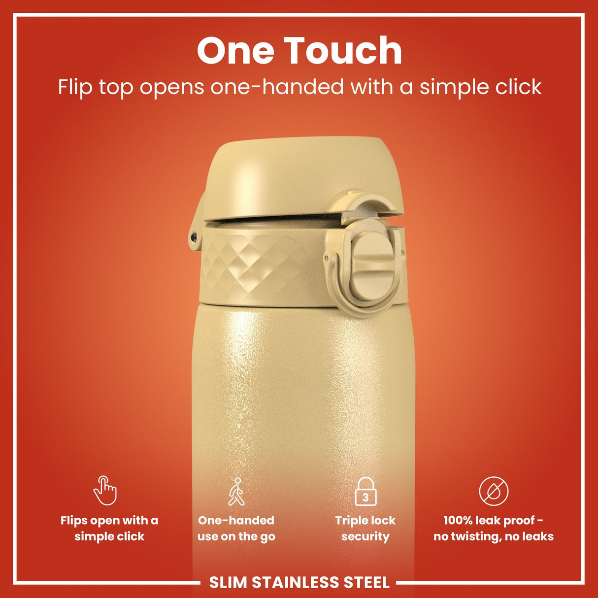 ION8 Steel Slim Leak Proof Water Bottle, Desert, 600ml